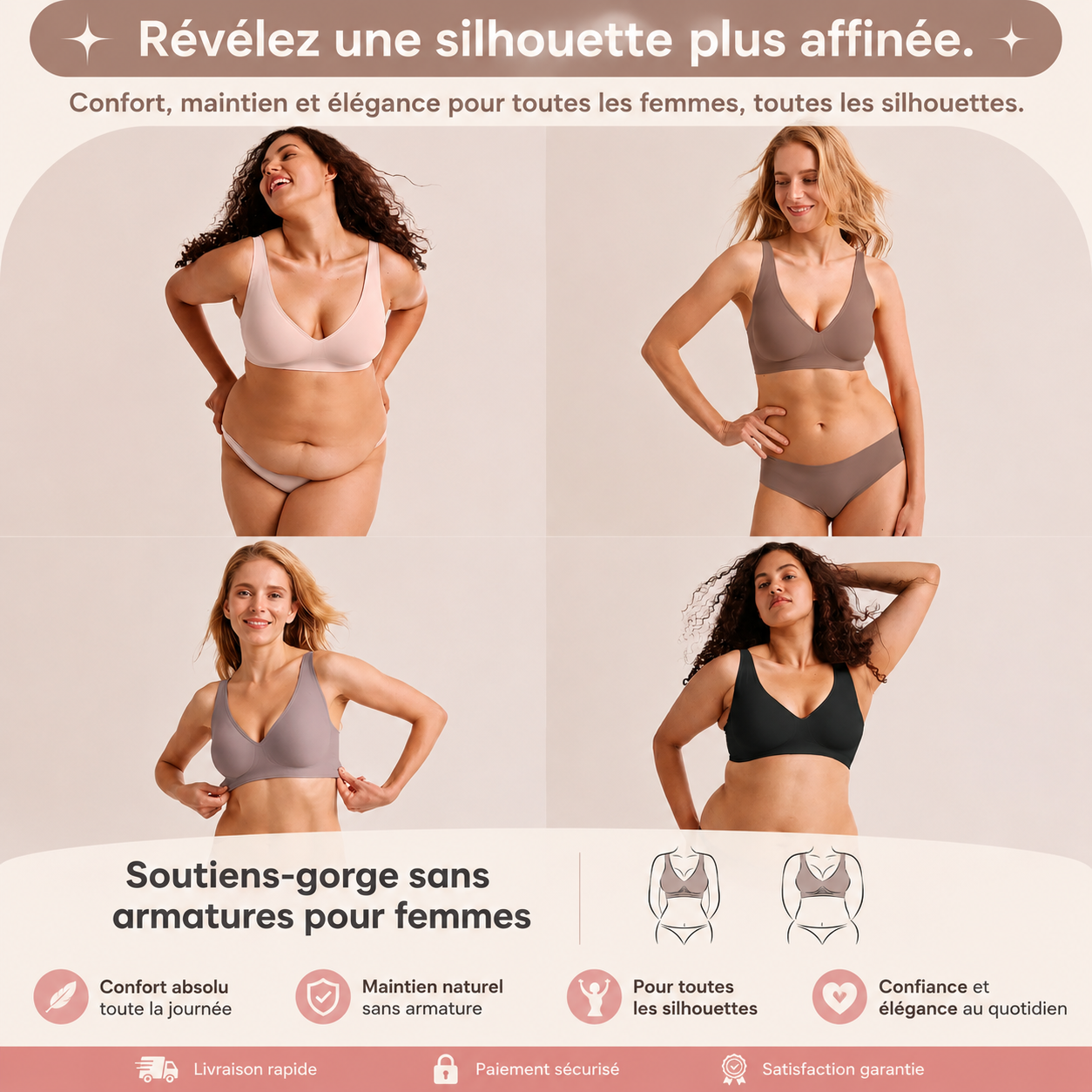 Soutien-gorge sans coutures, push-up et décolleté en V profond, sans armatures, en gelée.
