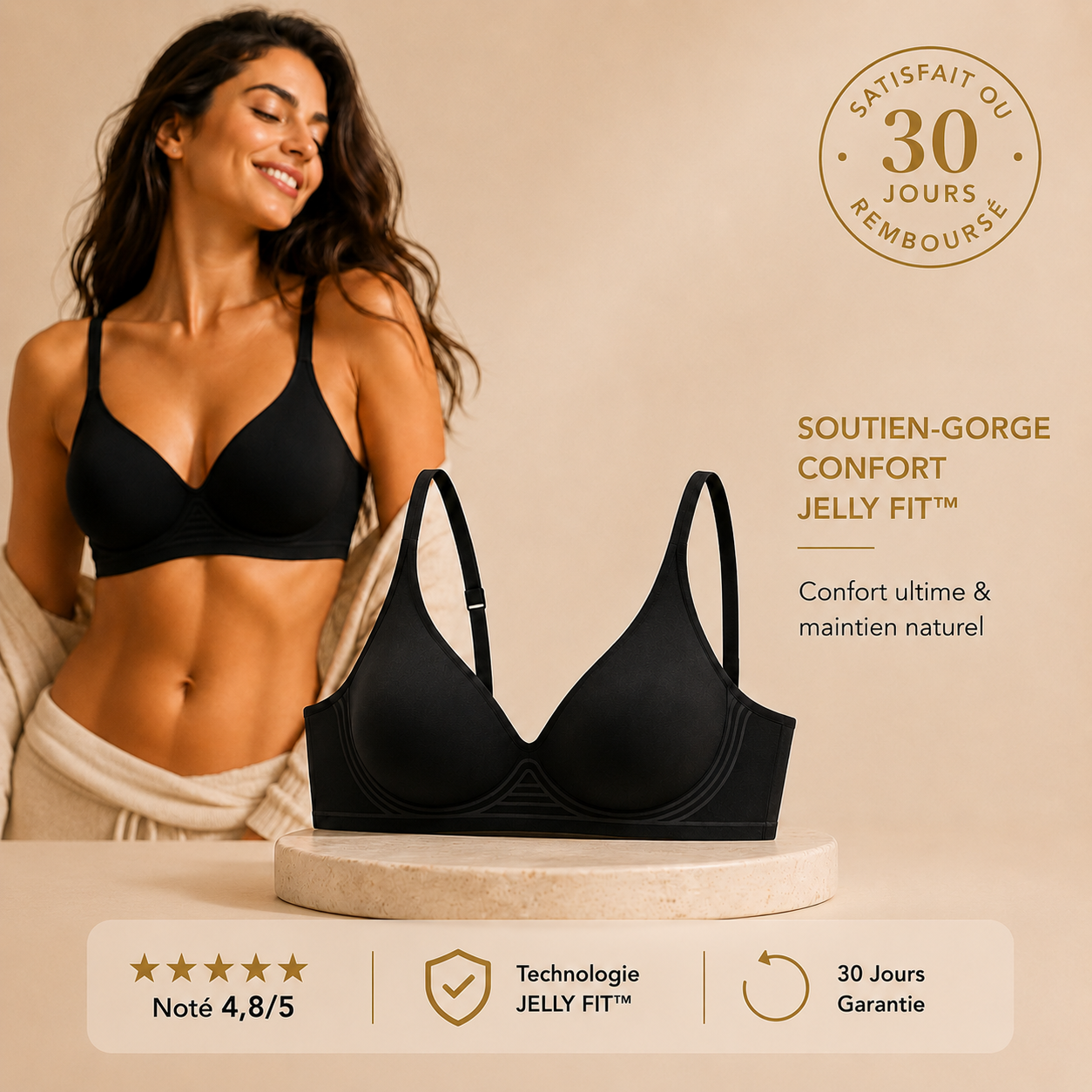 Soutien-gorge sans coutures, push-up et décolleté en V profond, sans armatures, en gelée.
